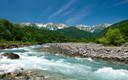 緑濃い白馬連峰と松川の青い流れ